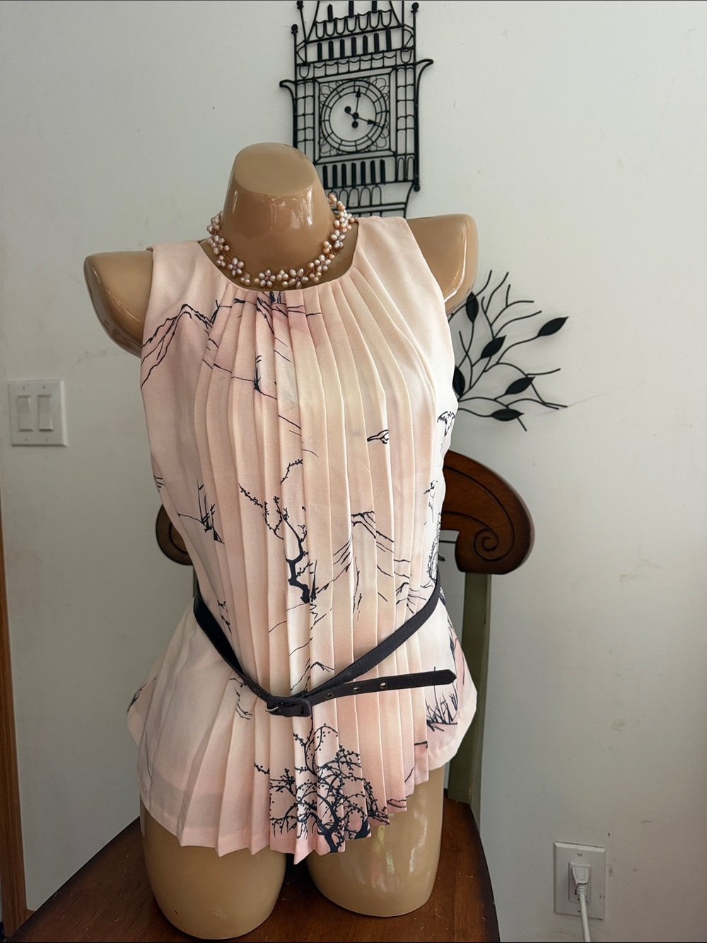 Eva Franco tree print Kyoto pleated tank Top with Belt 8 nwt